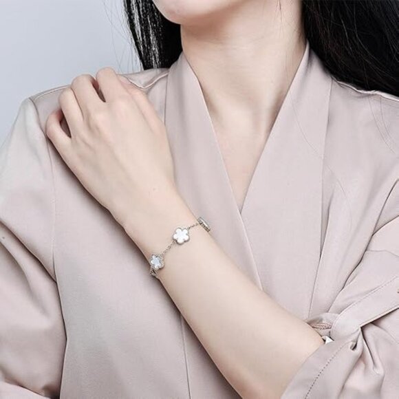 Neiman Marcus Stainless Steel Pearl White Clover Bracelet - Picture 1 of 4